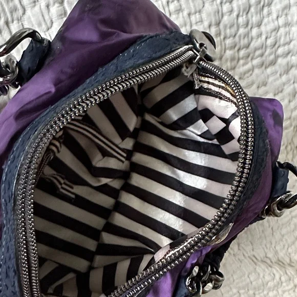 Henri Bendel Purple satin bag with Navy Blue and silver accents - Picture 7 of 16